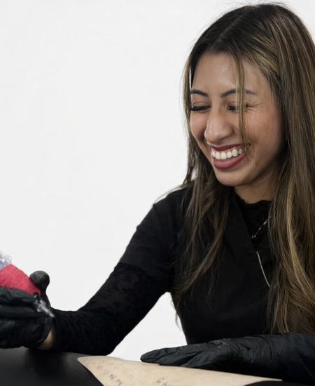 Tricia demonstrating scar camouflage technique